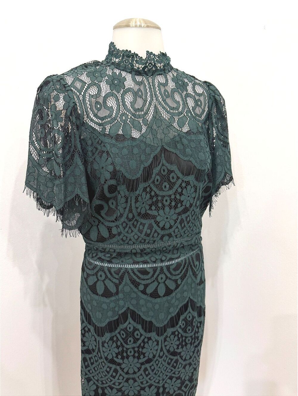 A. Calin Dark Green Lace Dress with Sheer High Neck and Short Sleeves Size S